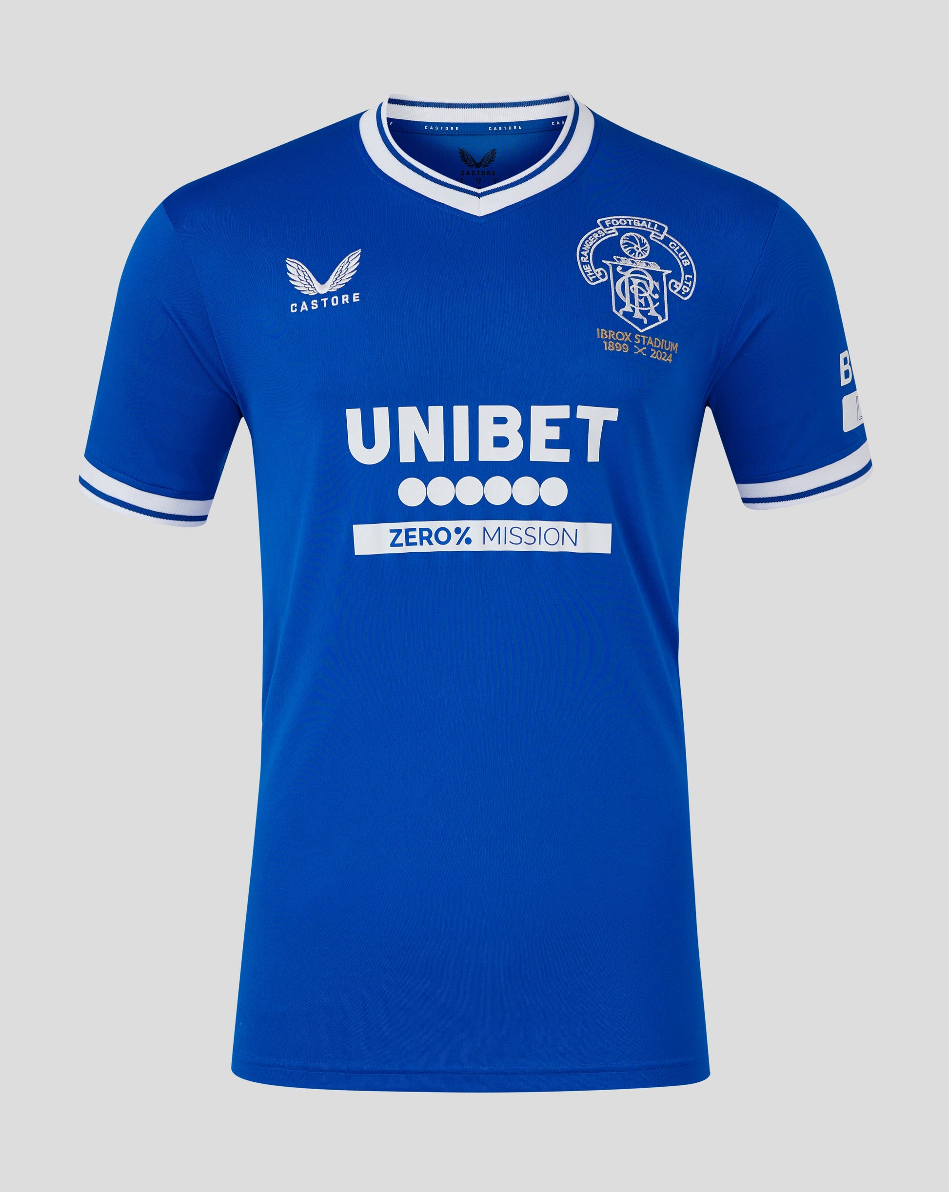 Blue Rangers FC Ibrox 125 Heritage shirt close up showing crest on chest and UNIBET sponsor