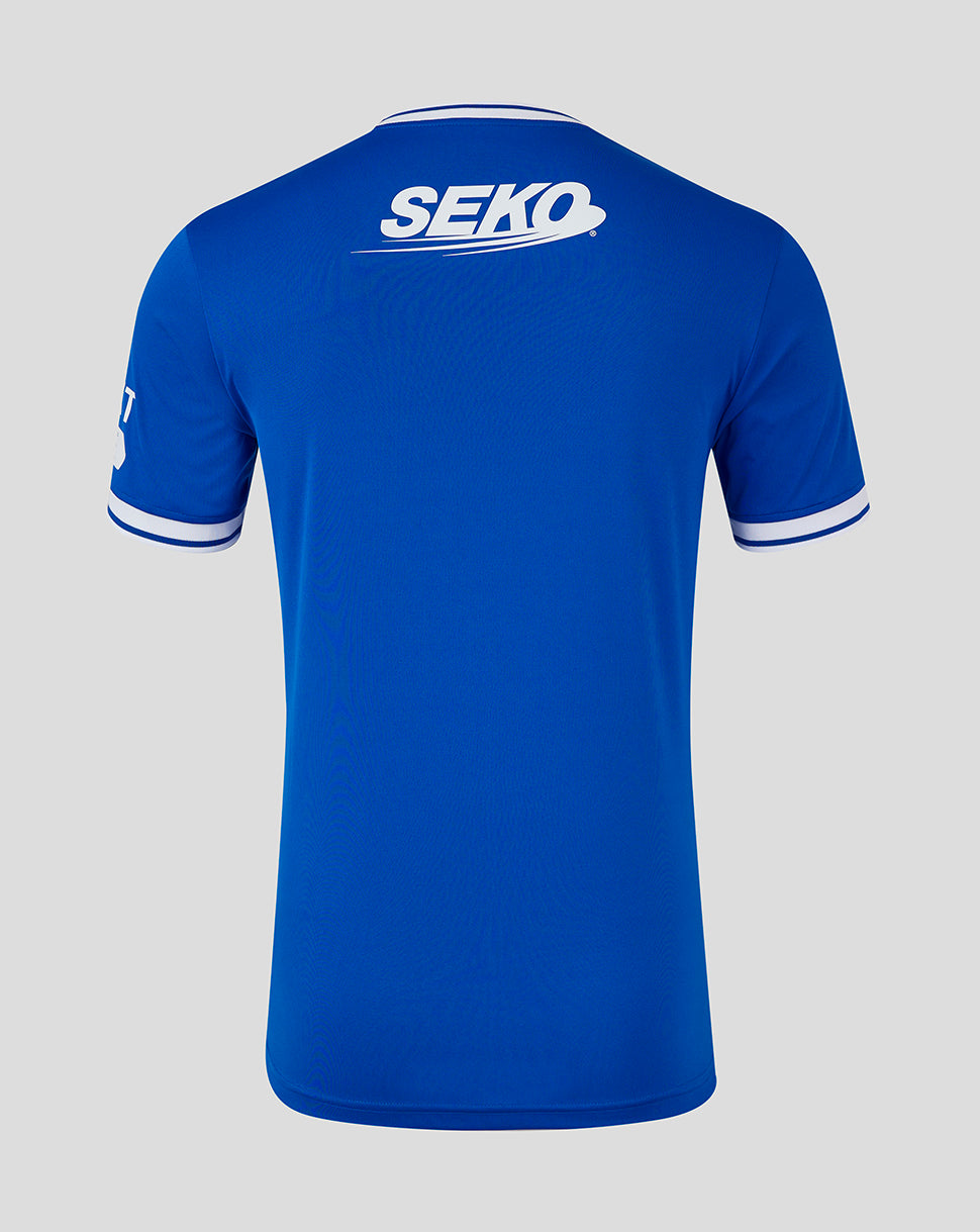 Back view of blue Rangers Ibrox 125 Heritage shirt with SEKO logo at the neck and UNIBET across the lower back.