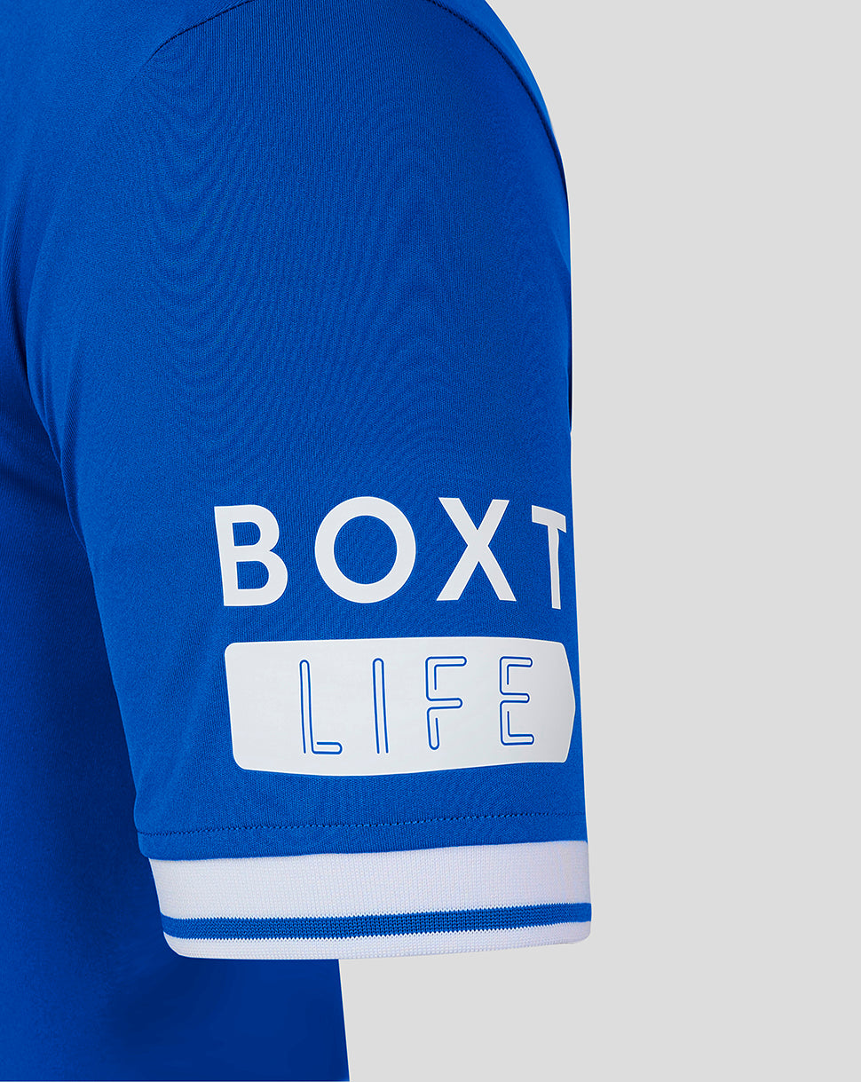 Blue sleeve featuring BOXT LIFE graphic and a white striped cuff