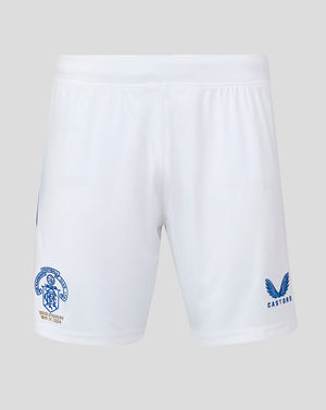 Front view of white Rangers FC Ibrox 125 Heritage shorts with club crest on the left leg and Castore logo on the right