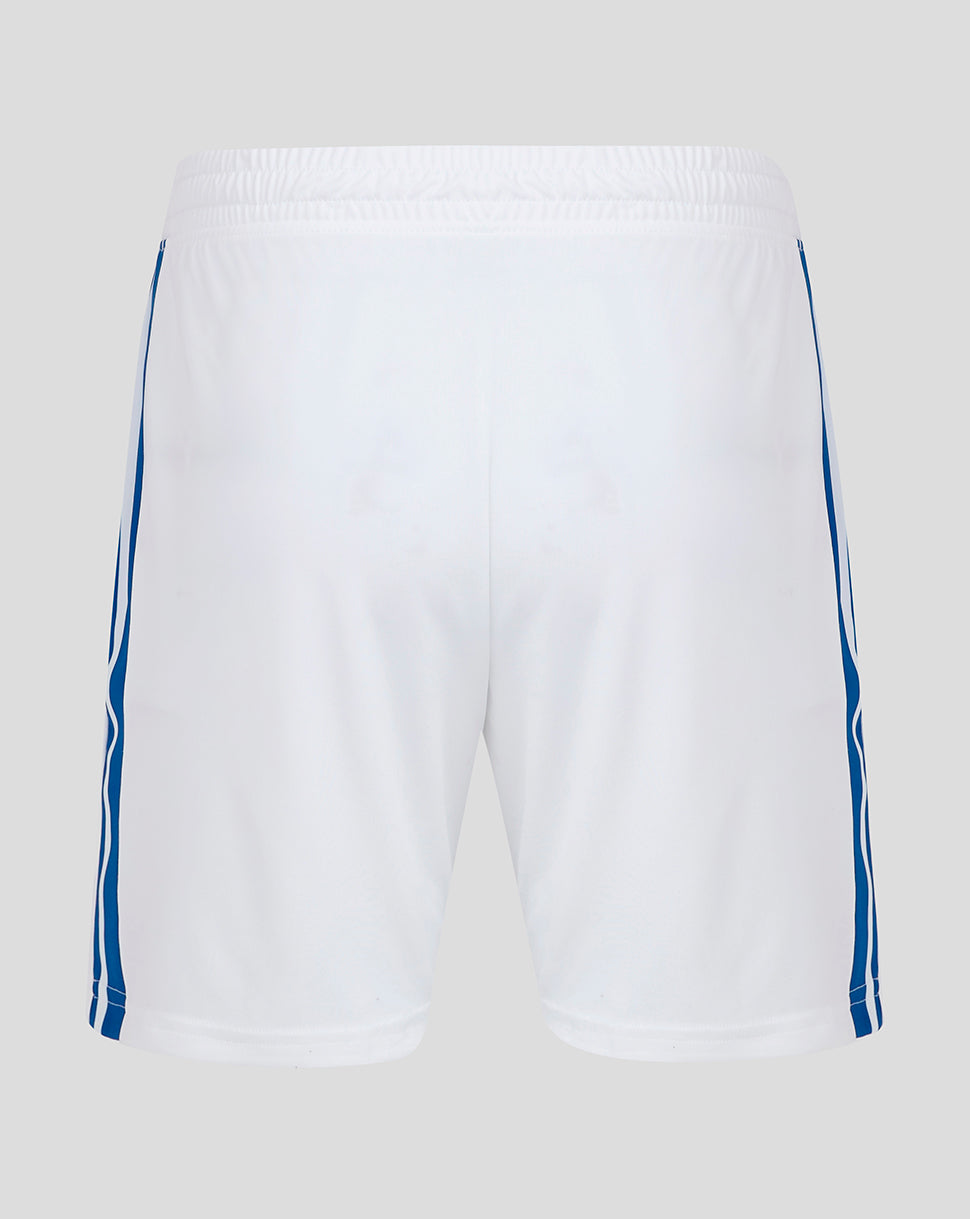 Back view of white Rangers FC Ibrox 125 Heritage shorts showing blue side piping