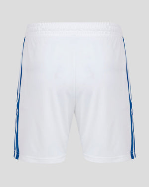 Back view of white Rangers FC Ibrox 125 Heritage shorts showing blue side piping