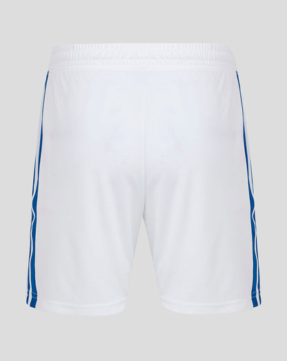 Back view of white Rangers FC Ibrox 125 Heritage shorts showing blue side piping