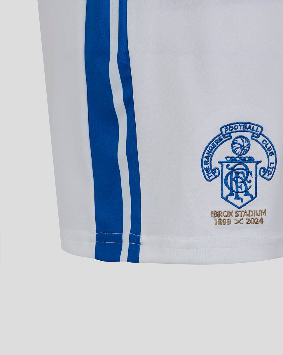 White Rangers FC Ibrox 125 Heritage shorts with blue side stripes and embroidered Ibrox Stadium crest near the hem