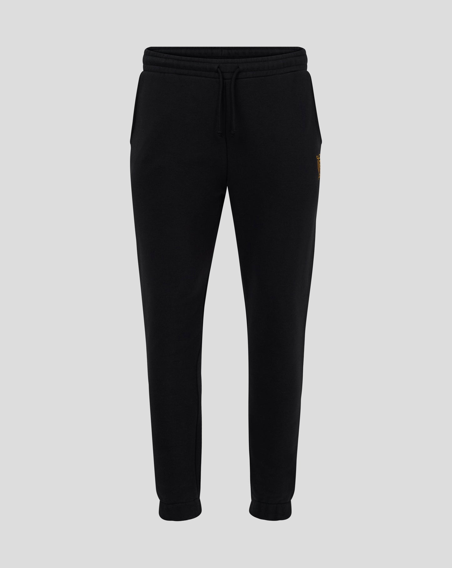 Front view of black Rangers FC Ibrox 125 Heritage joggers with elastic waistband and curved front pockets and a gold left thigh crest