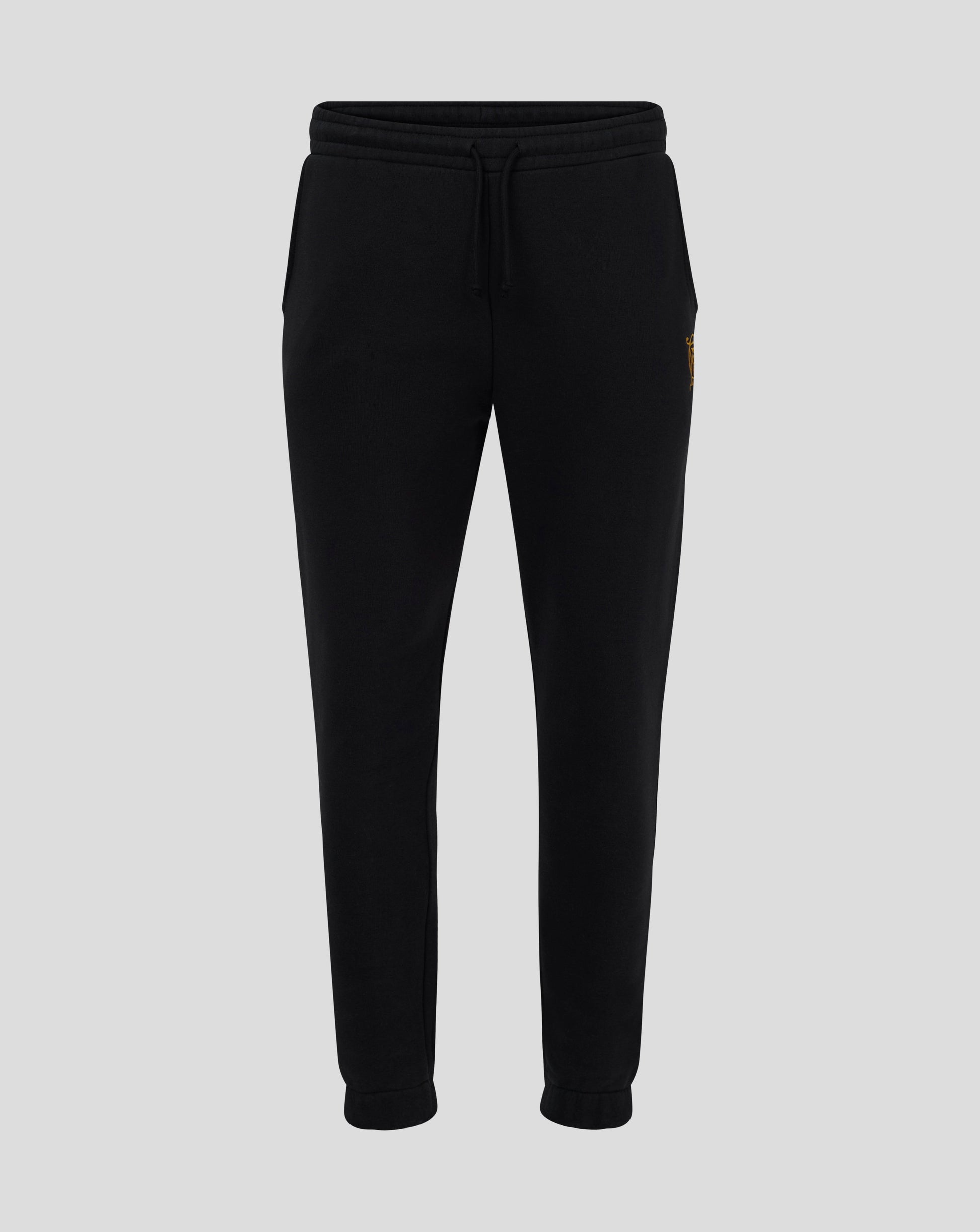 Front view of black Rangers FC Ibrox 125 Heritage joggers with elastic waistband and curved front pockets and a gold left thigh crest