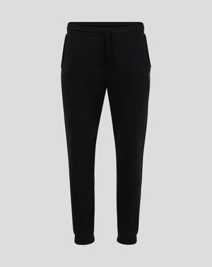 Front view of black Rangers FC Ibrox 125 Heritage joggers with elastic waistband and curved front pockets and a gold left thigh crest