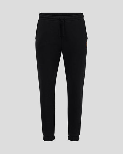 Front view of black Rangers FC Ibrox 125 Heritage joggers with elastic waistband and curved front pockets and a gold left thigh crest