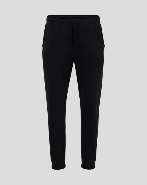 Front view of black Rangers FC Ibrox 125 Heritage joggers with elastic waistband and curved front pockets and a gold left thigh crest