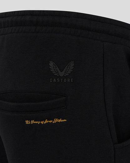 Close up of black Rangers FC Hype Joggers back pocket with gold 125 Years of Ibrox Stadium embroidery and Castore logo