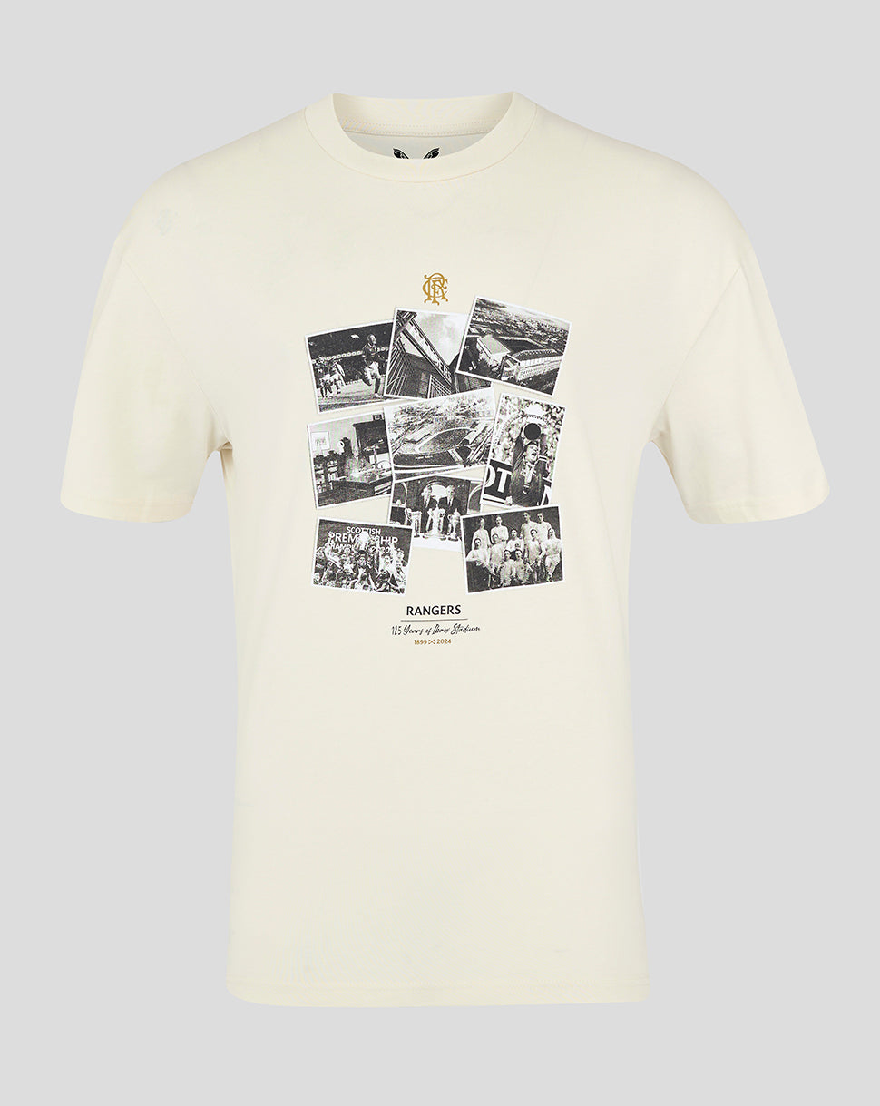 Beige Rangers FC Ibrox 125 Heritage T shirt with a gold crest above a collage of black and white photos on the chest