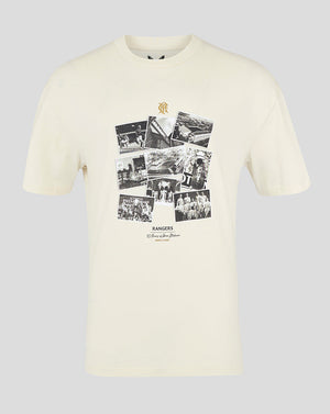 Beige Rangers FC Ibrox 125 Heritage T shirt with a gold crest above a collage of black and white photos on the chest