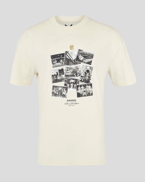 Beige Rangers FC Ibrox 125 Heritage T shirt with a gold crest above a collage of black and white photos on the chest
