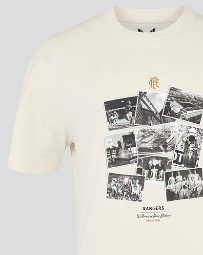 Beige Rangers FC Ibrox 125 Heritage T shirt with a centered black and white photo collage on the chest and a small gold crest above