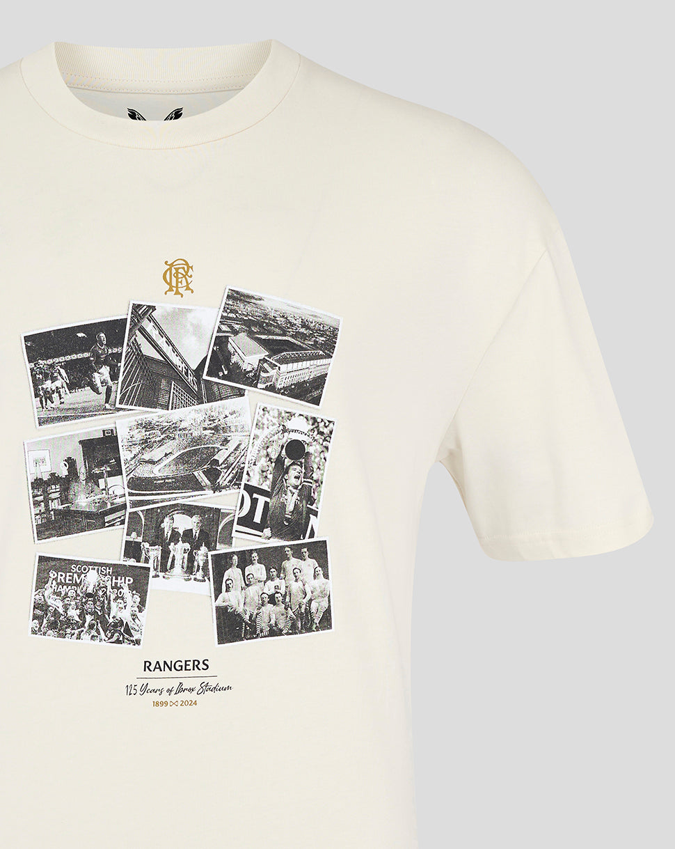 Beige Rangers FC Ibrox 125 Heritage T shirt close up of the chest collage of historical photos with a gold crest above