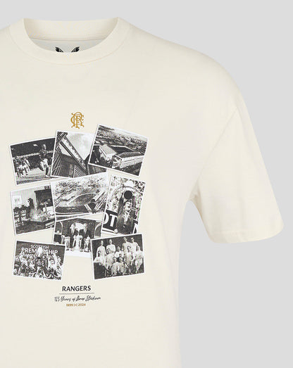 Beige Rangers FC Ibrox 125 Heritage T shirt close up of the chest collage of historical photos with a gold crest above