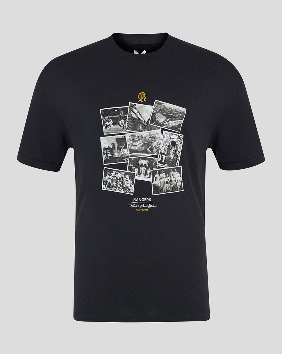 Black Rangers FC T shirt with grayscale photo collage on the chest and a small crest near the neckline