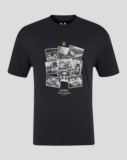 Black Rangers FC T shirt with grayscale photo collage on the chest and a small crest near the neckline
