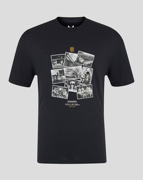 Black Rangers FC T shirt with grayscale photo collage on the chest and a small crest near the neckline