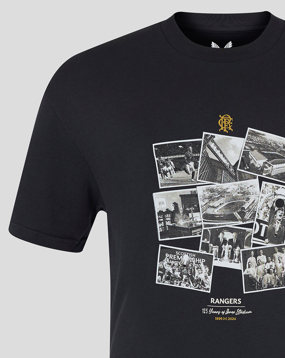 Front view of black Rangers FC 125 Heritage T Shirt featuring a gold crest above a photo collage