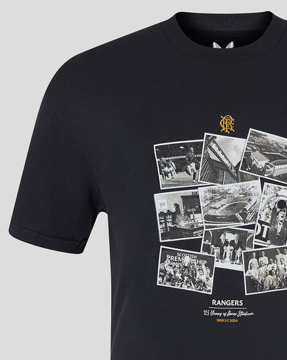 Front view of black Rangers FC 125 Heritage T Shirt featuring a gold crest above a photo collage