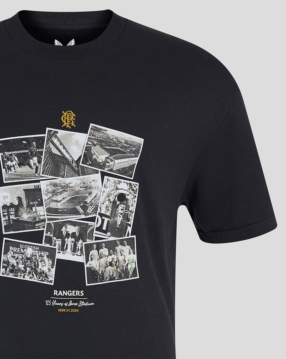 Close up of front chest area showing the photo collage print on the black Rangers FC T Shirt