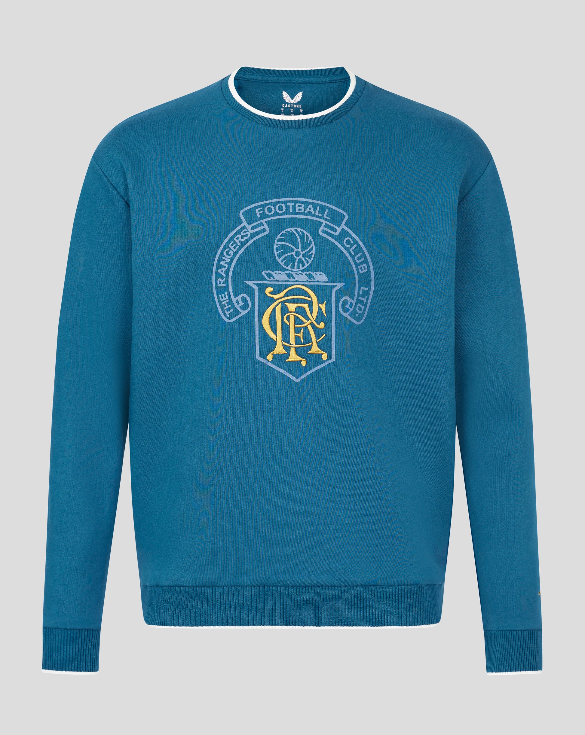 Blue Rangers FC heritage crewneck sweatshirt with white neck trim and a large front crest