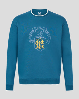 Blue Rangers FC heritage crewneck sweatshirt with white neck trim and a large front crest