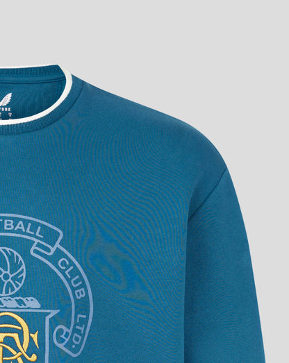 Close-up of blue Rangers FC heritage crewneck showing ribbed collar with white trim.