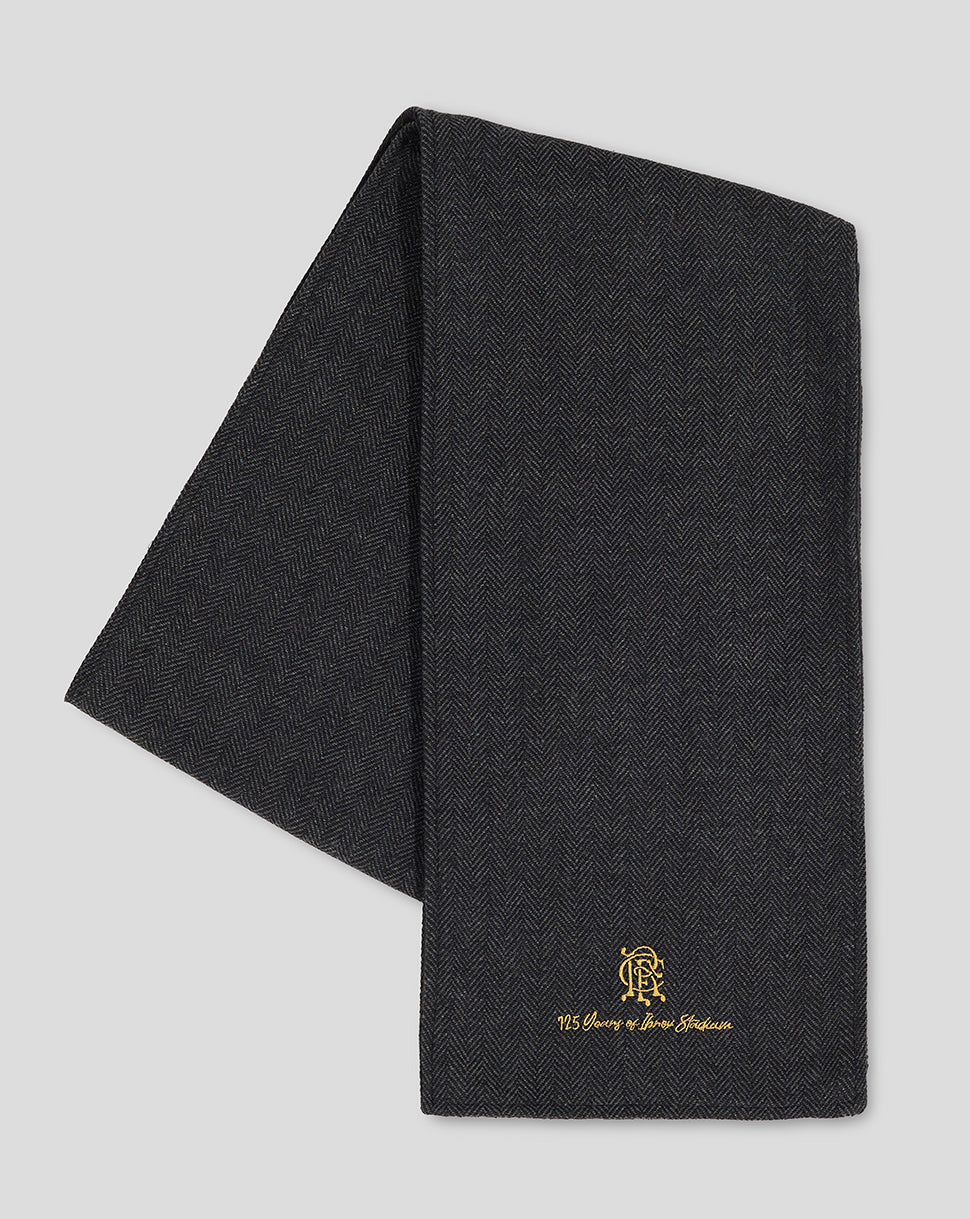 Charcoal Rangers Ibrox 125 heritage scarf with tweed pattern and gold embroidery of the crest and anniversary text