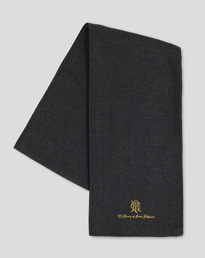 Charcoal Rangers Ibrox 125 heritage scarf with tweed pattern and gold embroidery of the crest and anniversary text