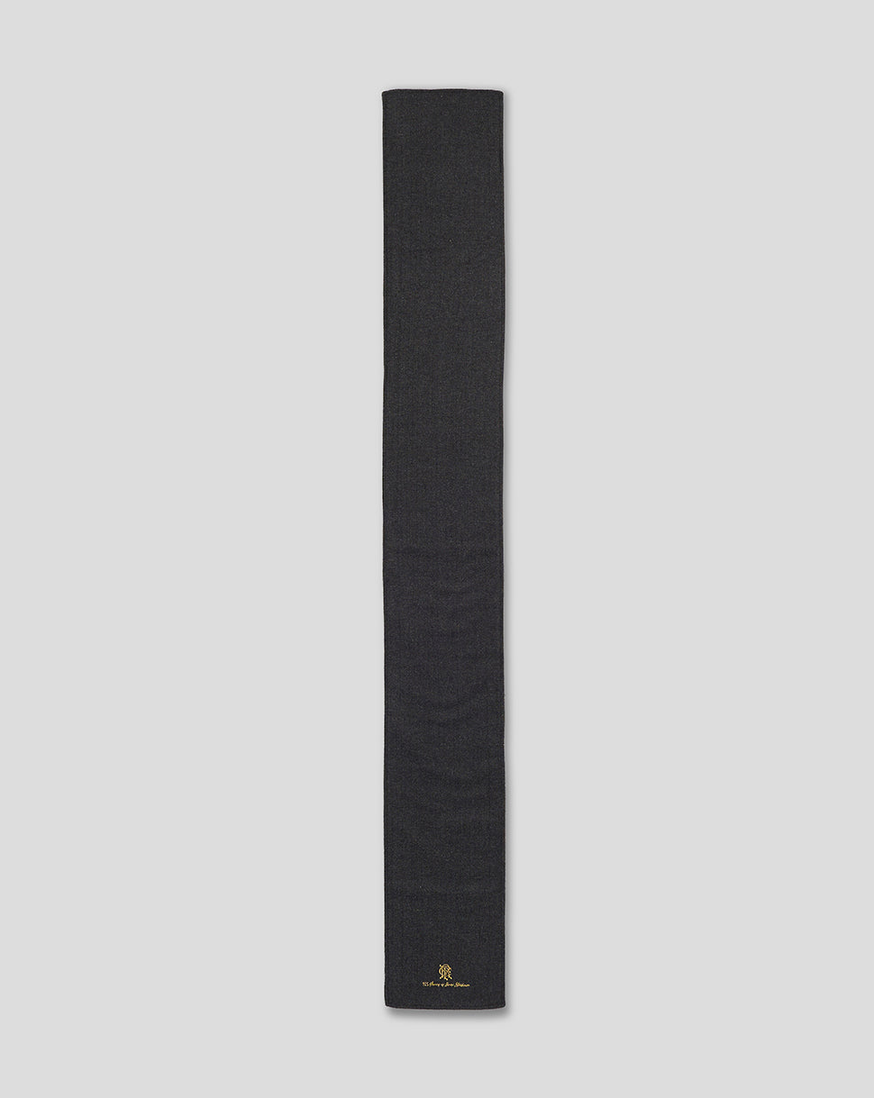 Full length charcoal tweed scarf with gold embroidered Rangers crest and anniversary text at the bottom end