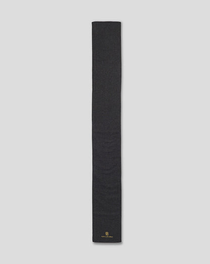 Full length charcoal tweed scarf with gold embroidered Rangers crest and anniversary text at the bottom end