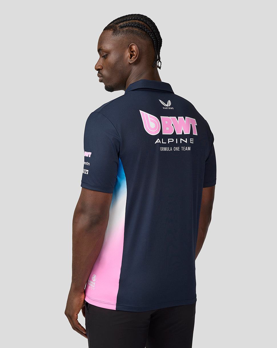 Back view of navy polo shirt with large BWT Alpine logo on the back.
