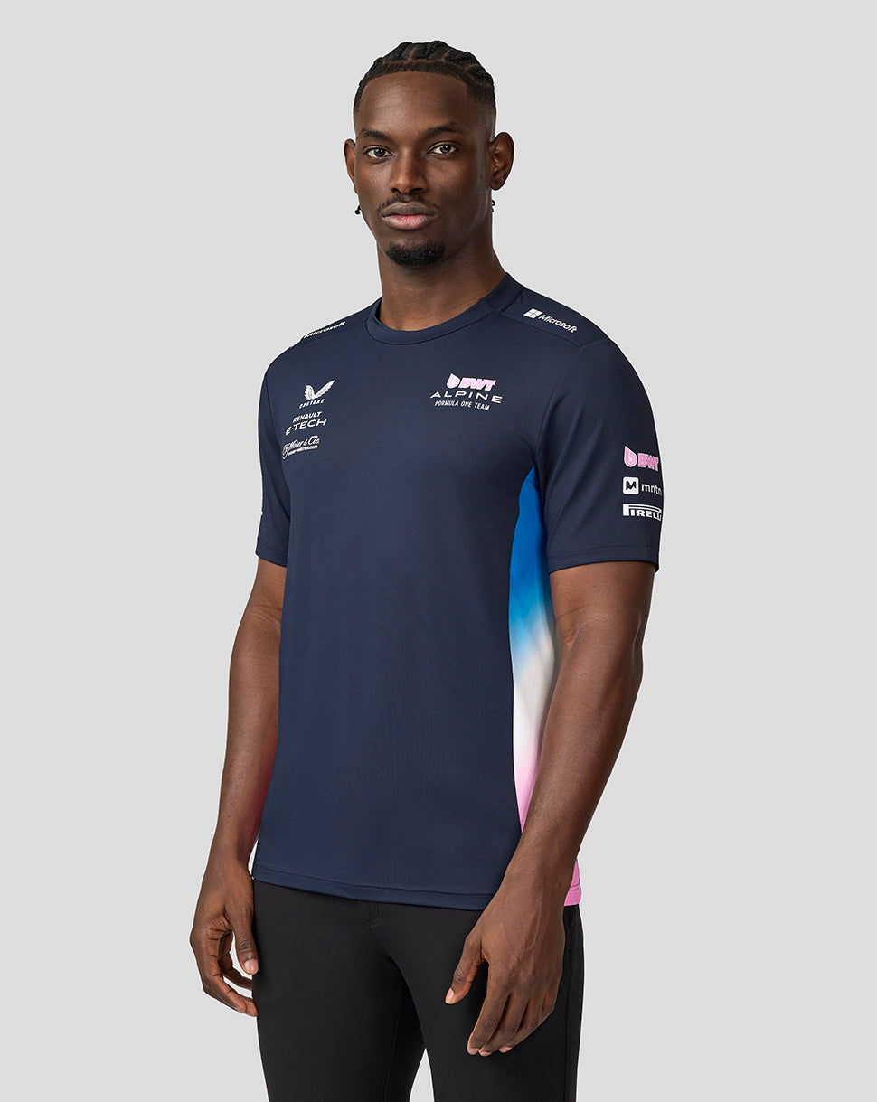 Male model wearing navy BWT Alpine Formula One Team Set Up T Shirt with sponsor logos and gradient side panels.
