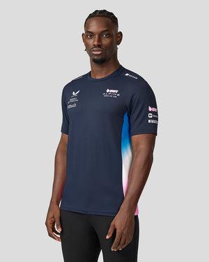 Male model wearing navy BWT Alpine Formula One Team Set Up T Shirt with sponsor logos and gradient side panels.