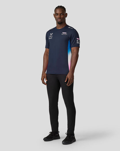 Front view of male model in navy BWT Alpine Set Up T Shirt with Alpine branding on chest and side panels.