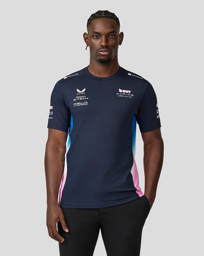 Front view of a male model wearing navy BWT Alpine Set Up T-Shirt with front sponsor logos and color gradient side panels.