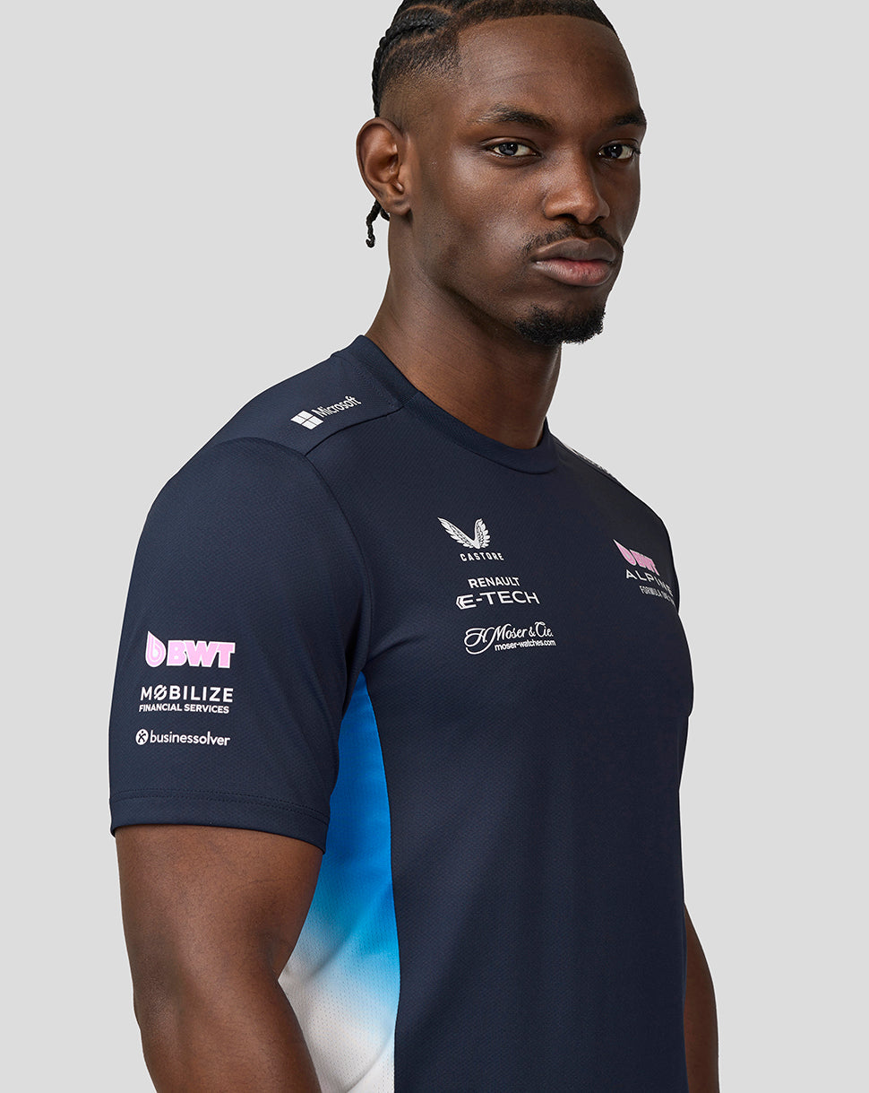 Side profile of male in navy BWT Alpine Set Up T-Shirt with contrasting side panels.