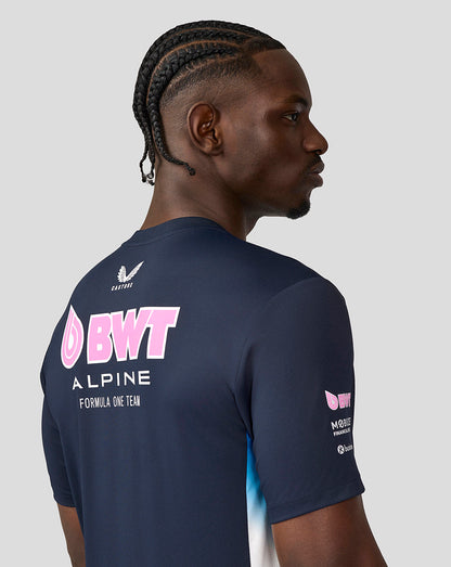Back view of navy BWT Alpine Set Up T-Shirt with branding across the back and subtle side panel accents.