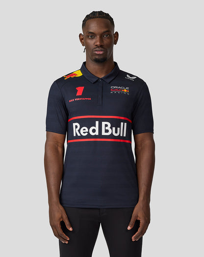 Front view of a male model wearing Night Sky navy Oracle Red Bull Racing polo with large Red Bull logo and Verstappen graphics