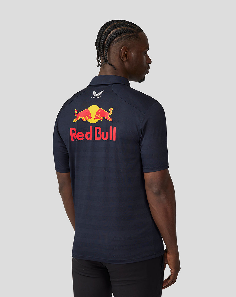 Back view of the Night Sky navy Oracle Red Bull Racing polo with large Red Bull logo on the back