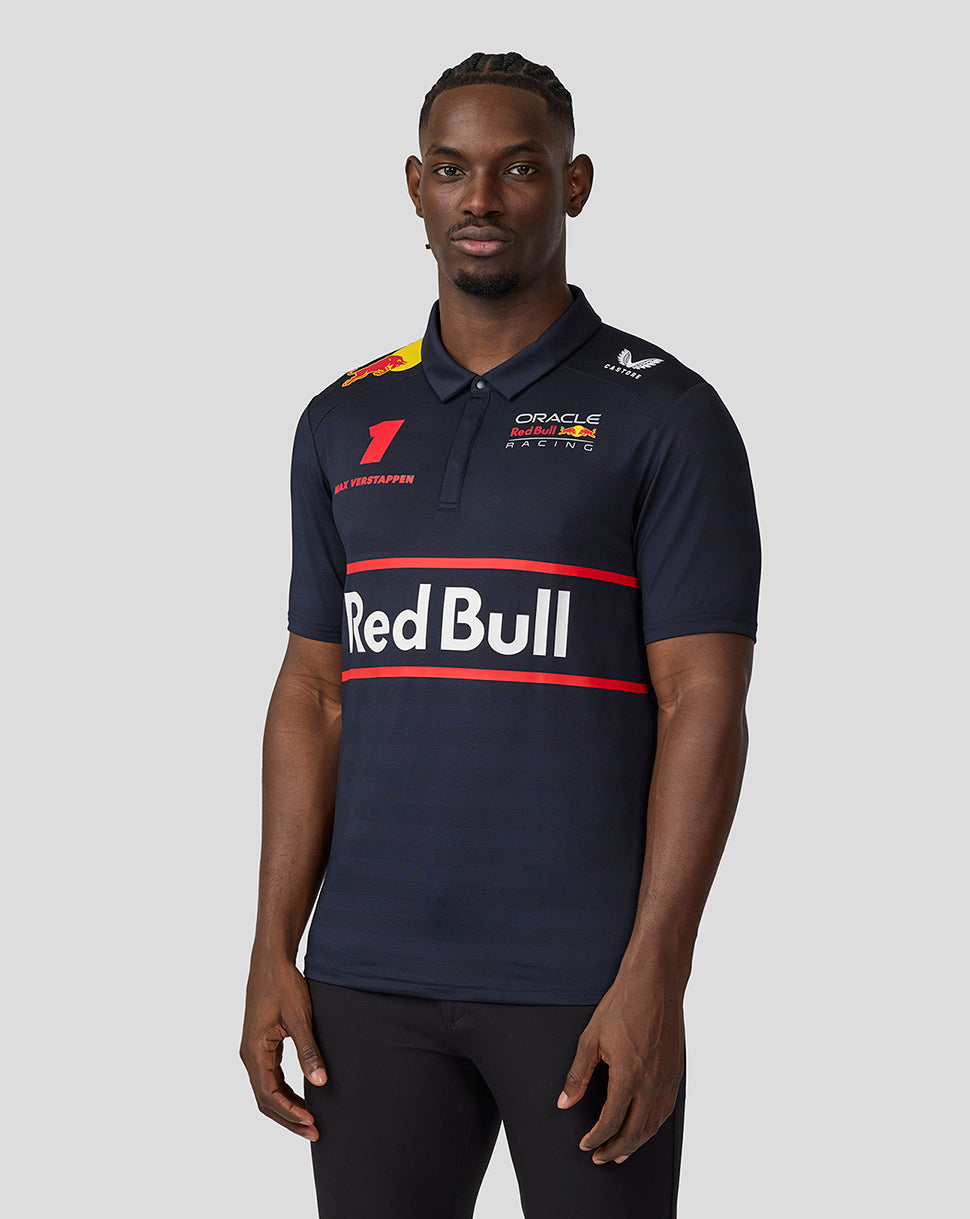 Front view of a male model in Night Sky navy Red Bull Racing polo showing team graphics and Verstappen artwork