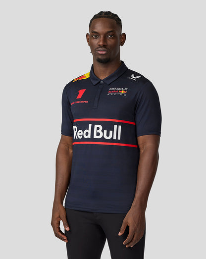 Front view of a male model in Night Sky navy Red Bull Racing polo showing team graphics and Verstappen artwork