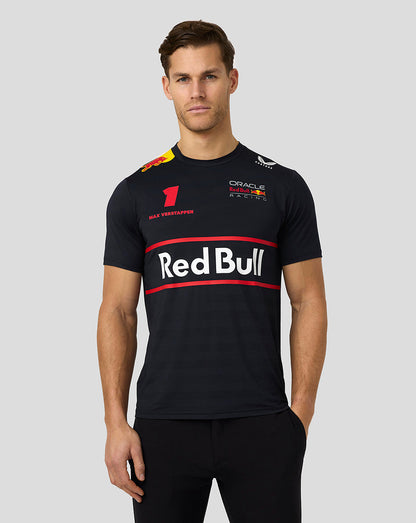 Front view of a man in a black Night Sky T-shirt with Max Verstappen number 1 and Oracle Red Bull Racing branding.