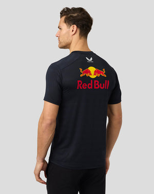Back view of a dark navy Oracle Red Bull Racing T-shirt with bold Red Bull logo on the back.