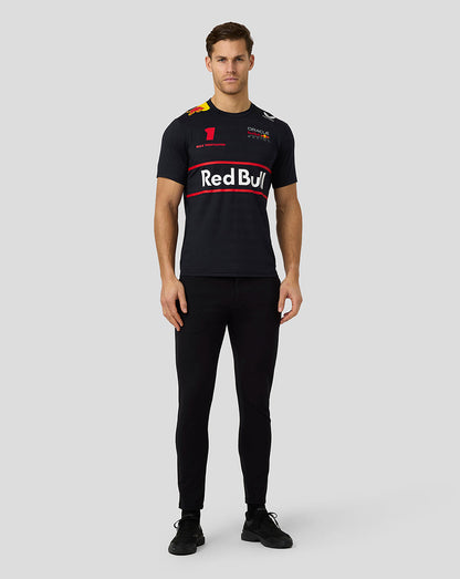 Front view of a man in a navy Red Bull Racing t shirt with a large Red Bull logo across the chest