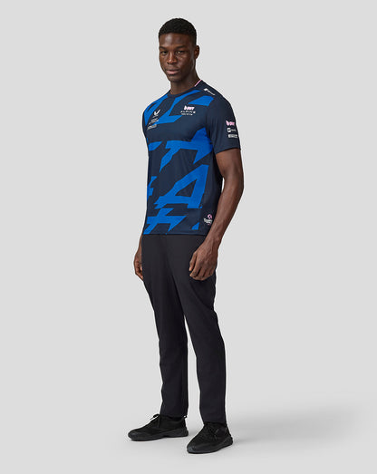 Front view of navy Alpine Formula One driver jersey featuring bold blue abstract pattern and sponsor logos