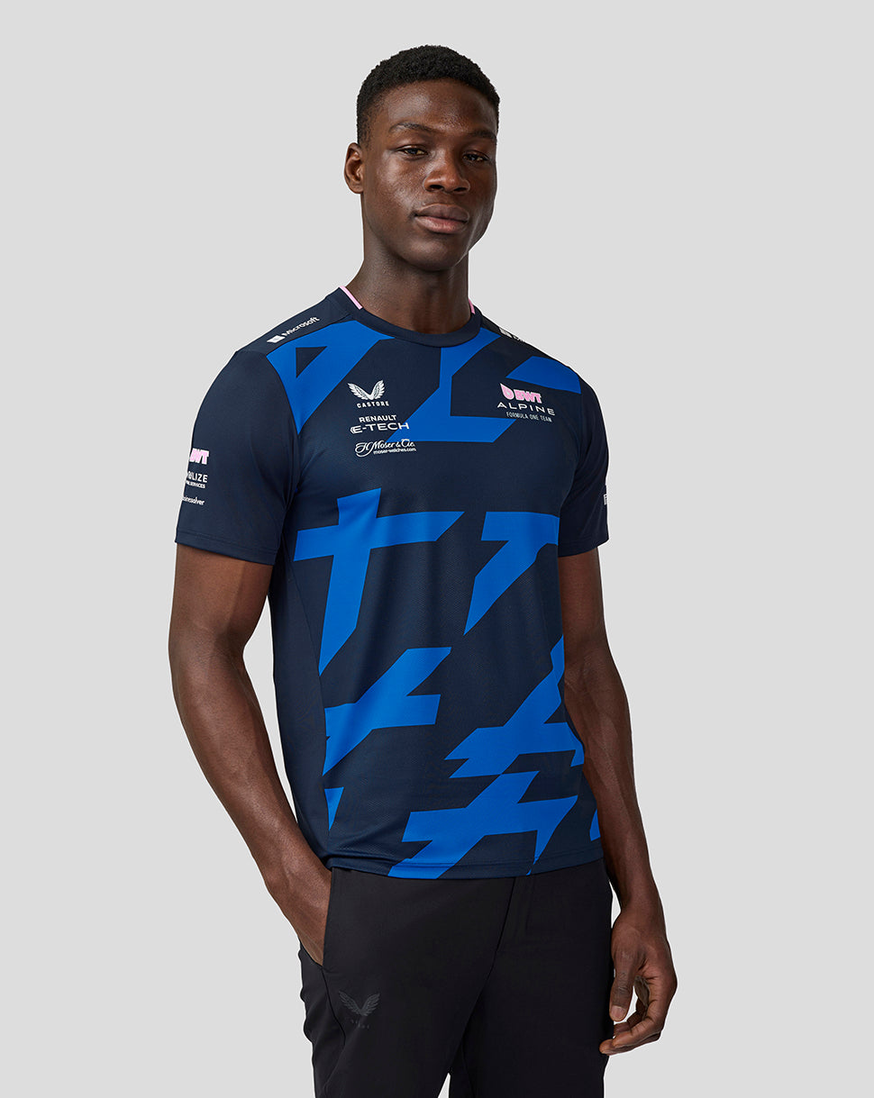 Front view of navy Alpine Formula One driver jersey with vivid blue geometric print