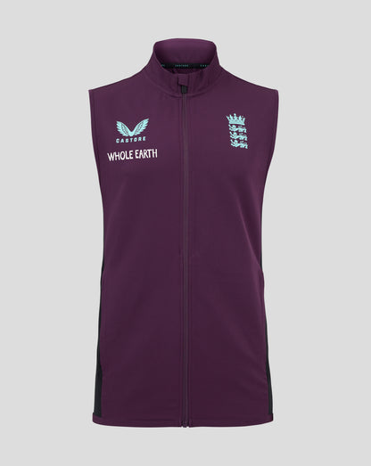Front view of plum training gilet with light blue Castore wings logo and WHOLE EARTH text on left and England crest on right